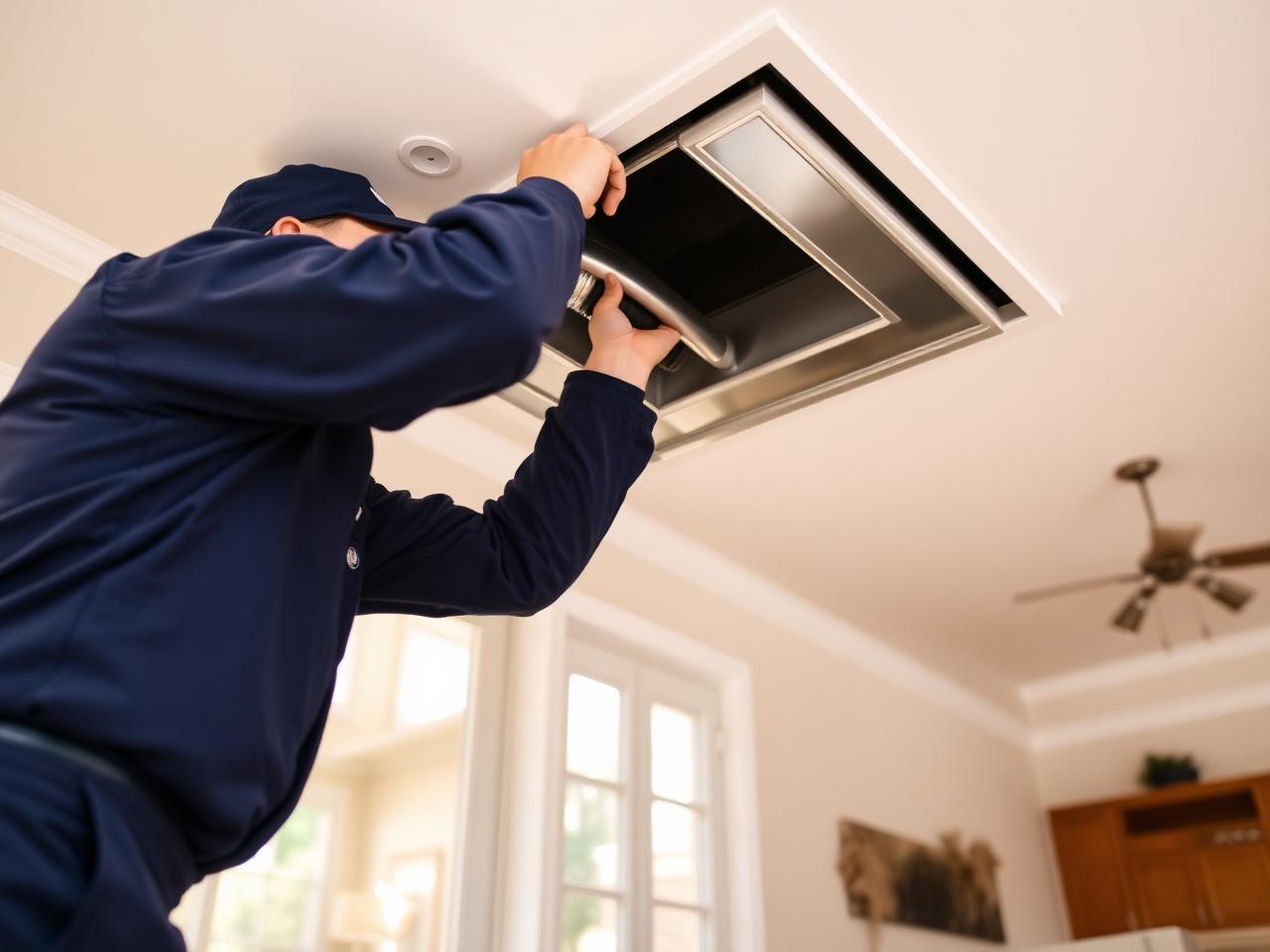 A Good Neighbor technician cleaning a ceiling air duct with professional equipment